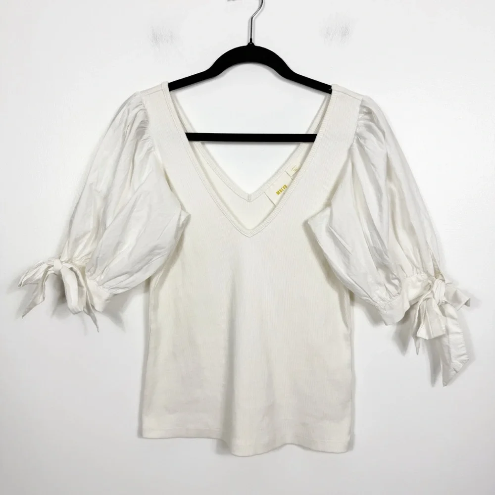 Maeve by Anthropologie White Cotton Puff-Sleeved Top Size Small